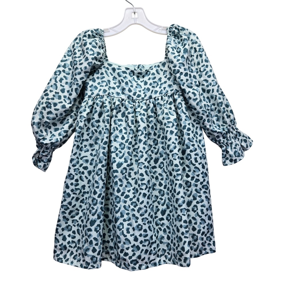 Janie‎ and Jack Girls Green Leopard Print Long Sleeve Babydoll Dress Size 3 Kid